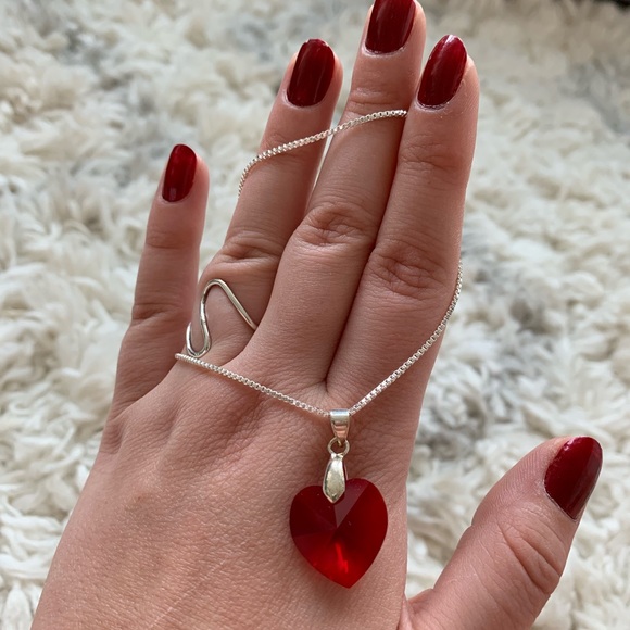 Ruby Red Heart Crystal Sterling Silver Necklace - Picture 1 of 10